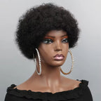 Natural Black Fluffy Afro Kinky Curly Short European Human Hair Remy Hair Wig for Black Women with Light Brown Lace