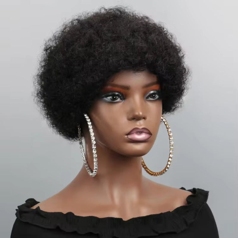 Natural Black Fluffy Afro Kinky Curly Short European Human Hair Remy Hair Wig for Black Women with Light Brown Lace