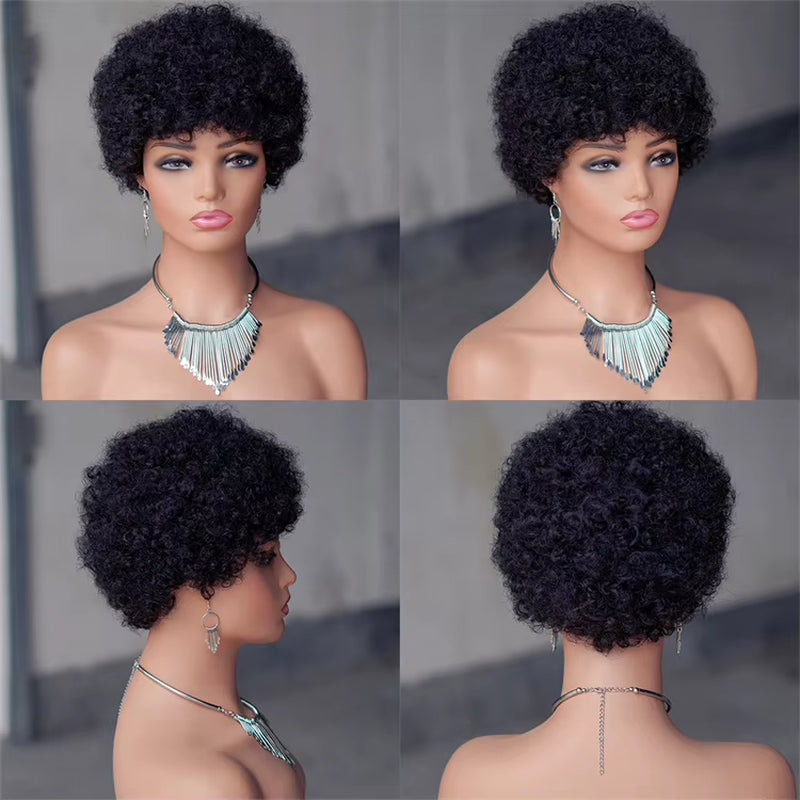 Natural Black Fluffy Afro Kinky Curly Short European Human Hair Remy Hair Wig for Black Women with Light Brown Lace