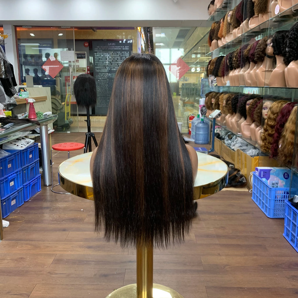 Highlight #P1B/ Brown Smooth Straight Human Hair Wigs 13X4 4X4 Transparent Lace Frontal Highlight Lace Front Human Hair Wig