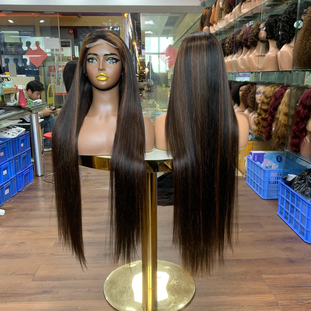 Highlight #P1B/ Brown Smooth Straight Human Hair Wigs 13X4 4X4 Transparent Lace Frontal Highlight Lace Front Human Hair Wig
