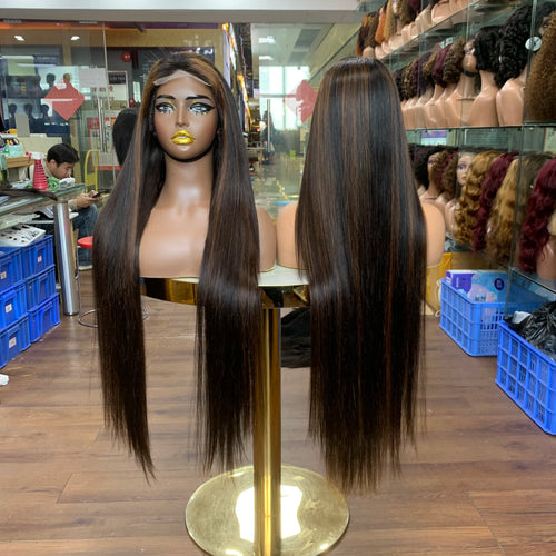 Highlight #P1B/ Brown Smooth Straight Human Hair Wigs 13X4 4X4 Transparent Lace Frontal Highlight Lace Front Human Hair Wig