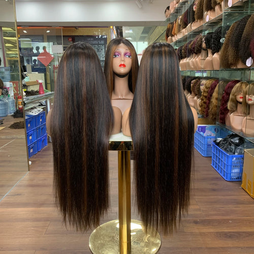 Highlight #P1B/ Brown Smooth Straight Human Hair Wigs 13X4 4X4 Transparent Lace Frontal Highlight Lace Front Human Hair Wig
