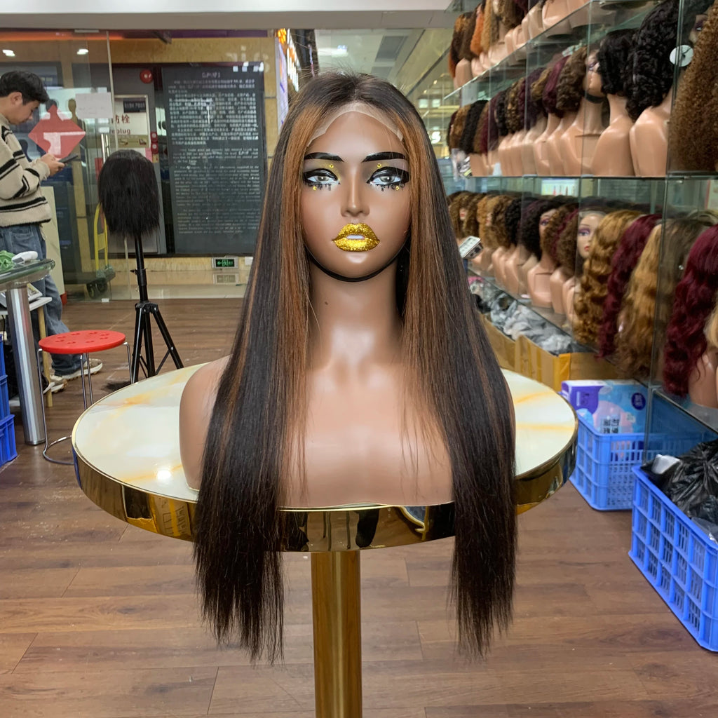 Highlight #P1B/ Brown Smooth Straight Human Hair Wigs 13X4 4X4 Transparent Lace Frontal Highlight Lace Front Human Hair Wig