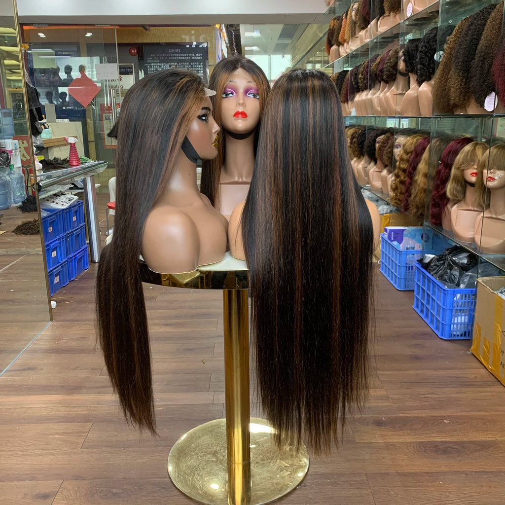Highlight #P1B/ Brown Smooth Straight Human Hair Wigs 13X4 4X4 Transparent Lace Frontal Highlight Lace Front Human Hair Wig